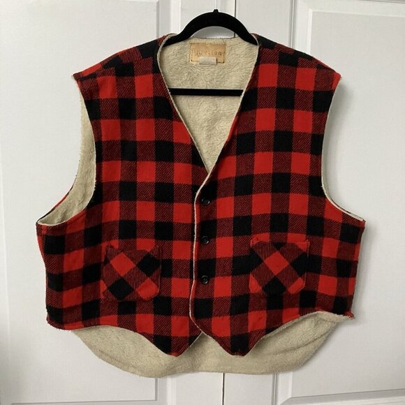 Vintage Melton Vest Mens Wool Buffalo Plaid red Black Lined Flawed - Picture 1 of 9